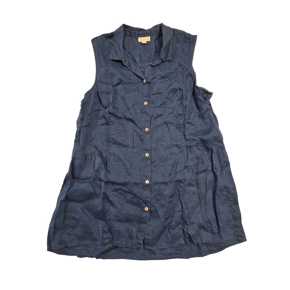 J. Jill Love Linen Sleeveless Button Down Tunic Top Navy Blue Tiered Large
